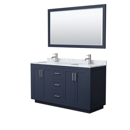 Wyndham Miranda 60 Inch Double Bathroom Vanity in Dark Blue, White Carrara Marble Countertop, Undermount Square Sinks, Brushed Nickel Trim, 58 Inch Mirror- Wyndham