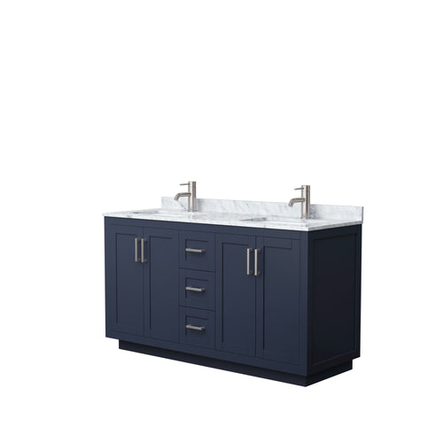 Wyndham Miranda 60 Inch Double Bathroom Vanity in Dark Blue, White Carrara Marble Countertop, Undermount Square Sinks, Brushed Nickel Trim- Wyndham