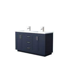 Load image into Gallery viewer, Wyndham Miranda 60 Inch Double Bathroom Vanity in Dark Blue, 1.25 Inch Thick Matte White Solid Surface Countertop, Integrated Sinks, Brushed Nickel Trim- Wyndham