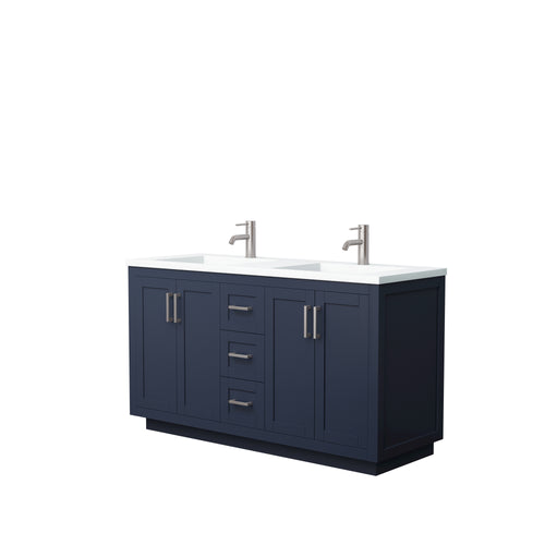 Wyndham Miranda 60 Inch Double Bathroom Vanity in Dark Blue, 1.25 Inch Thick Matte White Solid Surface Countertop, Integrated Sinks, Brushed Nickel Trim- Wyndham