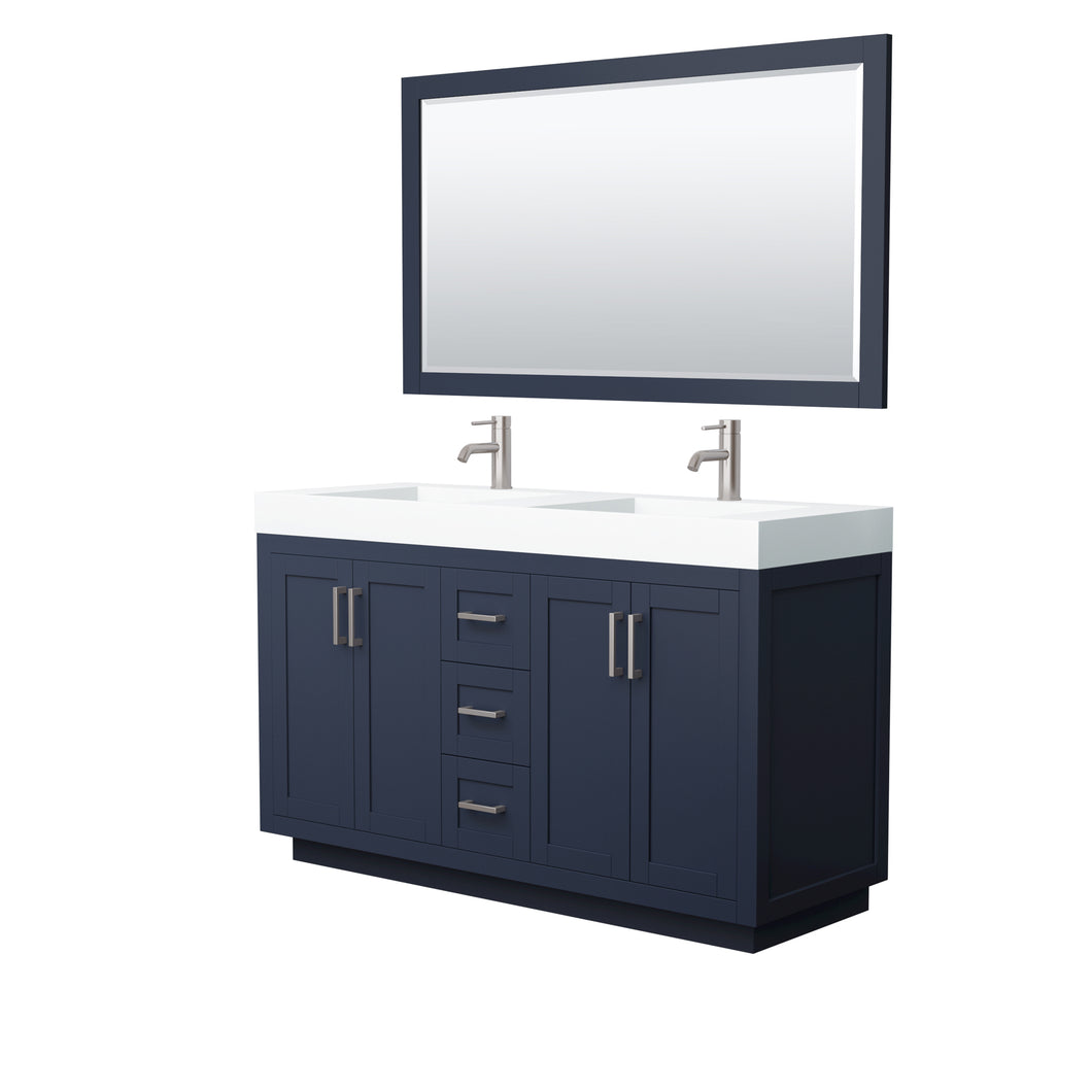 Wyndham Miranda 60 Inch Double Bathroom Vanity in Dark Blue, 4 Inch Thick Matte White Solid Surface Countertop, Integrated Sinks, Brushed Nickel Trim, 58 Inch Mirror- Wyndham