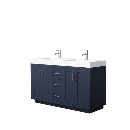 Wyndham Miranda 60 Inch Double Bathroom Vanity in Dark Blue, 4 Inch Thick Matte White Solid Surface Countertop, Integrated Sinks, Brushed Nickel Trim- Wyndham