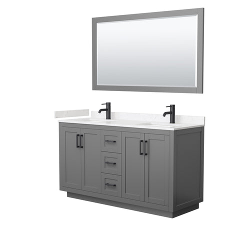 Wyndham Miranda 60 Inch Double Bathroom Vanity in Dark Gray, Light-Vein Carrara Cultured Marble Countertop, Undermount Square Sinks, Matte Black Trim, 58 Inch Mirror- Wyndham