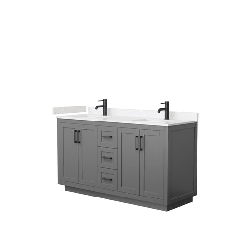 Wyndham Miranda 60 Inch Double Bathroom Vanity in Dark Gray, Light-Vein Carrara Cultured Marble Countertop, Undermount Square Sinks, Matte Black Trim- Wyndham