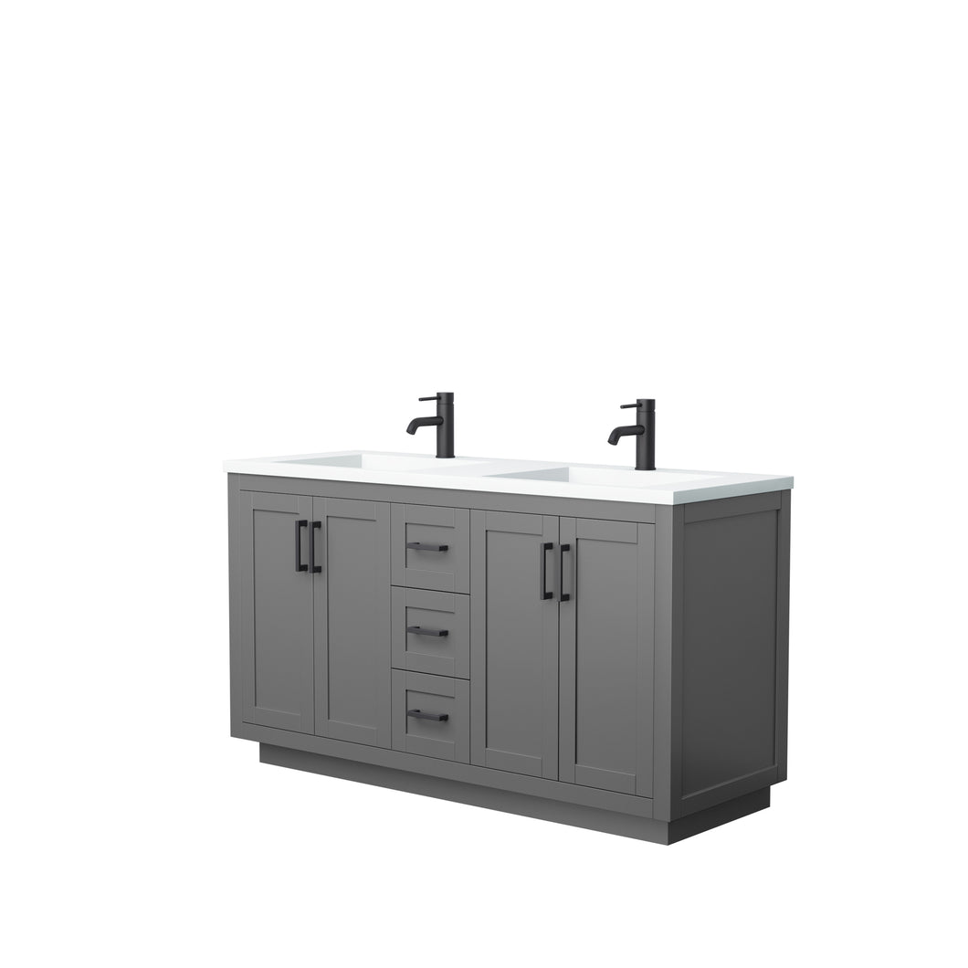 Wyndham Miranda 60 Inch Double Bathroom Vanity in Dark Gray, 1.25 Inch Thick Matte White Solid Surface Countertop, Integrated Sinks, Matte Black Trim- Wyndham