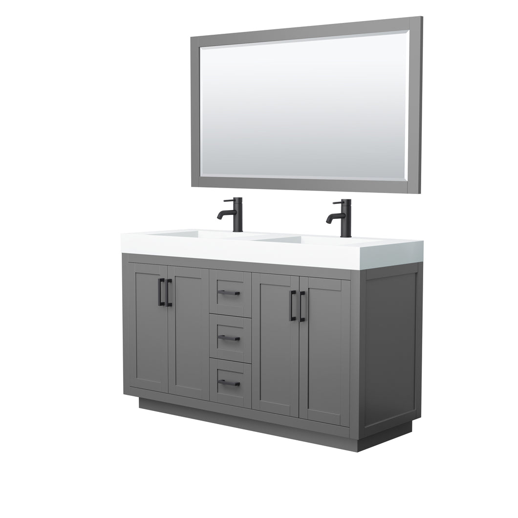 Wyndham Miranda 60 Inch Double Bathroom Vanity in Dark Gray, 4 Inch Thick Matte White Solid Surface Countertop, Integrated Sinks, Matte Black Trim, 58 Inch Mirror- Wyndham