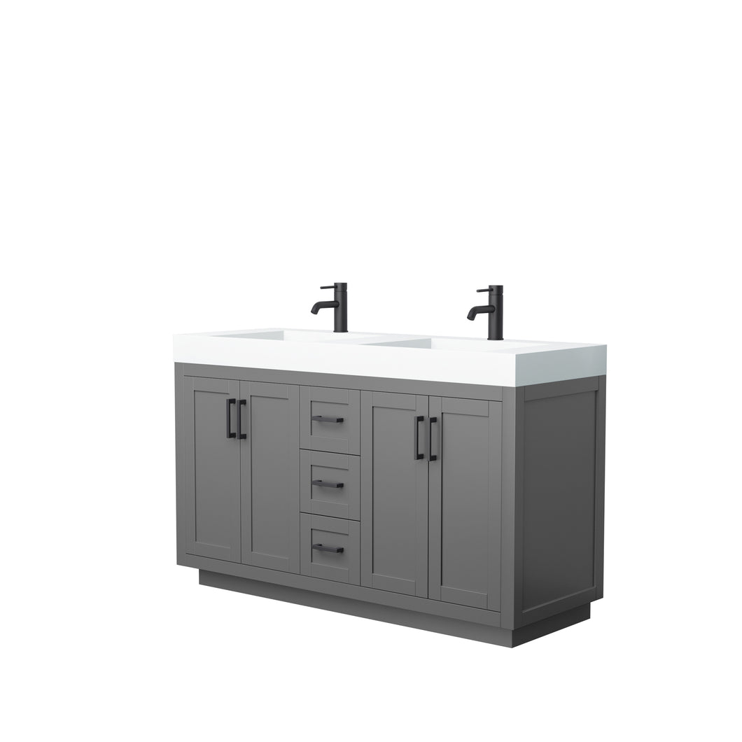 Wyndham Miranda 60 Inch Double Bathroom Vanity in Dark Gray, 4 Inch Thick Matte White Solid Surface Countertop, Integrated Sinks, Matte Black Trim- Wyndham