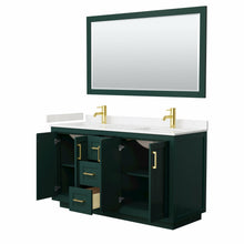Load image into Gallery viewer, Wyndham Miranda 60 Inch Double Bathroom Vanity in Green, Light-Vein Carrara Cultured Marble Countertop, Undermount Square Sinks, Brushed Gold Trim, 58 Inch Mirror- Wyndham