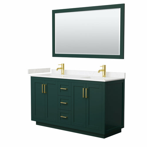 Wyndham Miranda 60 Inch Double Bathroom Vanity in Green, Light-Vein Carrara Cultured Marble Countertop, Undermount Square Sinks, Brushed Gold Trim, 58 Inch Mirror- Wyndham