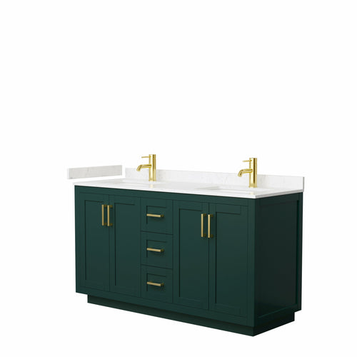 Wyndham Miranda 60 Inch Double Bathroom Vanity in Green, Light-Vein Carrara Cultured Marble Countertop, Undermount Square Sinks, Brushed Gold Trim- Wyndham