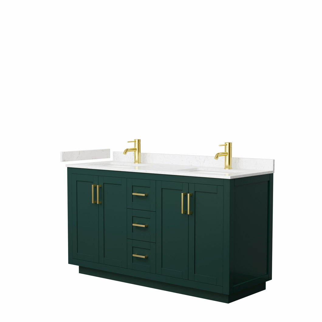 Wyndham Miranda 60 Inch Double Bathroom Vanity in Green, Light-Vein Carrara Cultured Marble Countertop, Undermount Square Sinks, Brushed Gold Trim- Wyndham