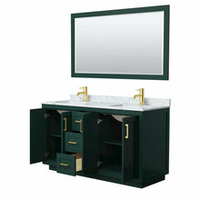 Load image into Gallery viewer, Wyndham Miranda 60 Inch Double Bathroom Vanity in Green, White Carrara Marble Countertop, Undermount Square Sinks, Brushed Gold Trim, 58 Inch Mirror- Wyndham