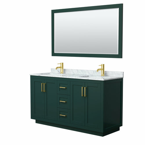 Wyndham Miranda 60 Inch Double Bathroom Vanity in Green, White Carrara Marble Countertop, Undermount Square Sinks, Brushed Gold Trim, 58 Inch Mirror- Wyndham