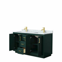 Load image into Gallery viewer, Wyndham Miranda 60 Inch Double Bathroom Vanity in Green, White Carrara Marble Countertop, Undermount Square Sinks, Brushed Gold Trim- Wyndham