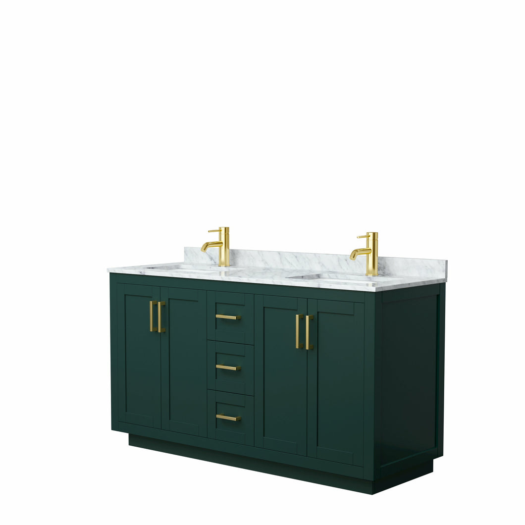 Wyndham Miranda 60 Inch Double Bathroom Vanity in Green, White Carrara Marble Countertop, Undermount Square Sinks, Brushed Gold Trim- Wyndham