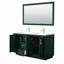 Load image into Gallery viewer, Wyndham Miranda 60 Inch Double Bathroom Vanity in Green, 1.25 Inch Thick Matte White Solid Surface Countertop, Integrated Sinks, Brushed Gold Trim, 58 Inch Mirror- Wyndham