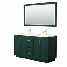 Load image into Gallery viewer, Wyndham Miranda 60 Inch Double Bathroom Vanity in Green, 1.25 Inch Thick Matte White Solid Surface Countertop, Integrated Sinks, Brushed Gold Trim, 58 Inch Mirror- Wyndham