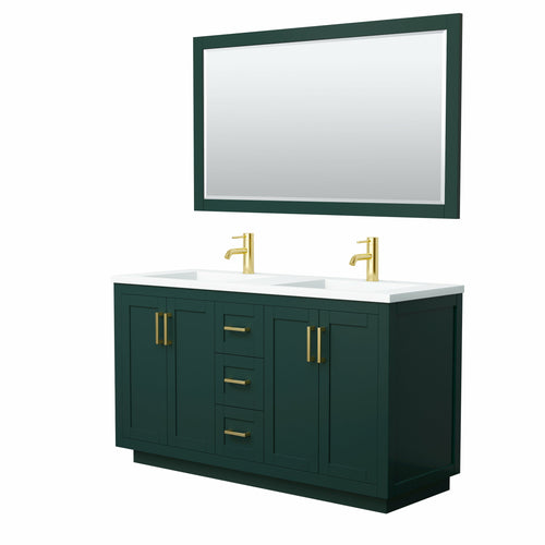 Wyndham Miranda 60 Inch Double Bathroom Vanity in Green, 1.25 Inch Thick Matte White Solid Surface Countertop, Integrated Sinks, Brushed Gold Trim, 58 Inch Mirror- Wyndham