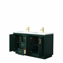Load image into Gallery viewer, Wyndham Miranda 60 Inch Double Bathroom Vanity in Green, 1.25 Inch Thick Matte White Solid Surface Countertop, Integrated Sinks, Brushed Gold Trim- Wyndham