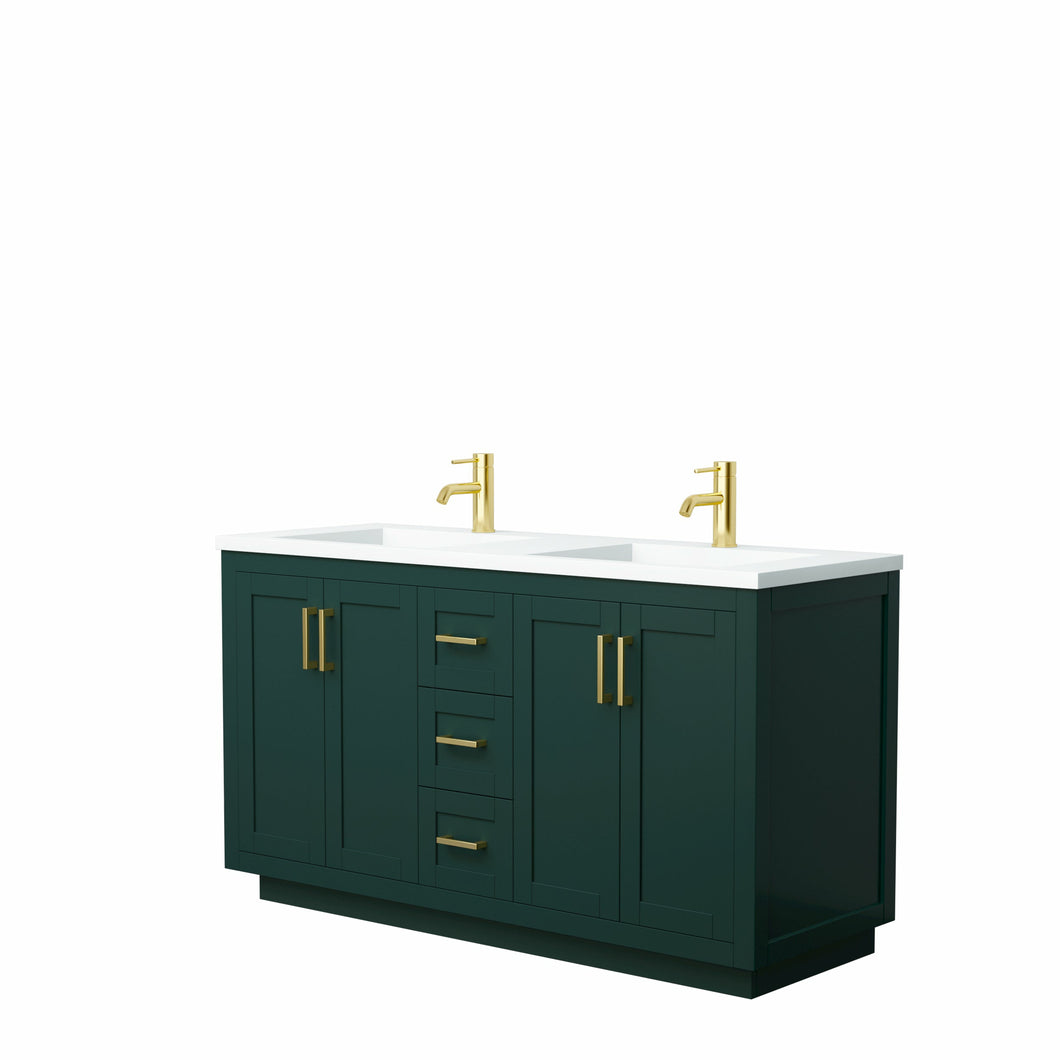 Wyndham Miranda 60 Inch Double Bathroom Vanity in Green, 1.25 Inch Thick Matte White Solid Surface Countertop, Integrated Sinks, Brushed Gold Trim- Wyndham