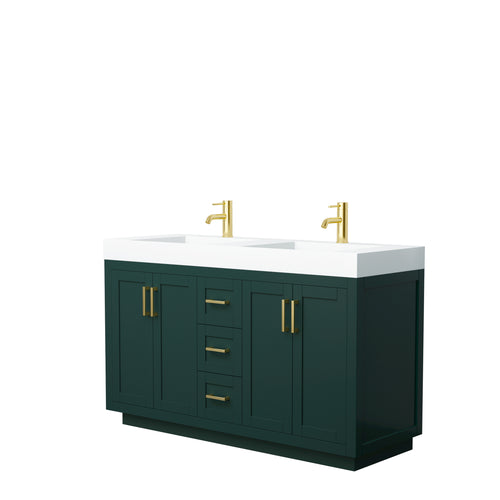 Wyndham Miranda 60 Inch Double Bathroom Vanity in Green, 4 Inch Thick Matte White Solid Surface Countertop, Integrated Sinks, Brushed Gold Trim- Wyndham