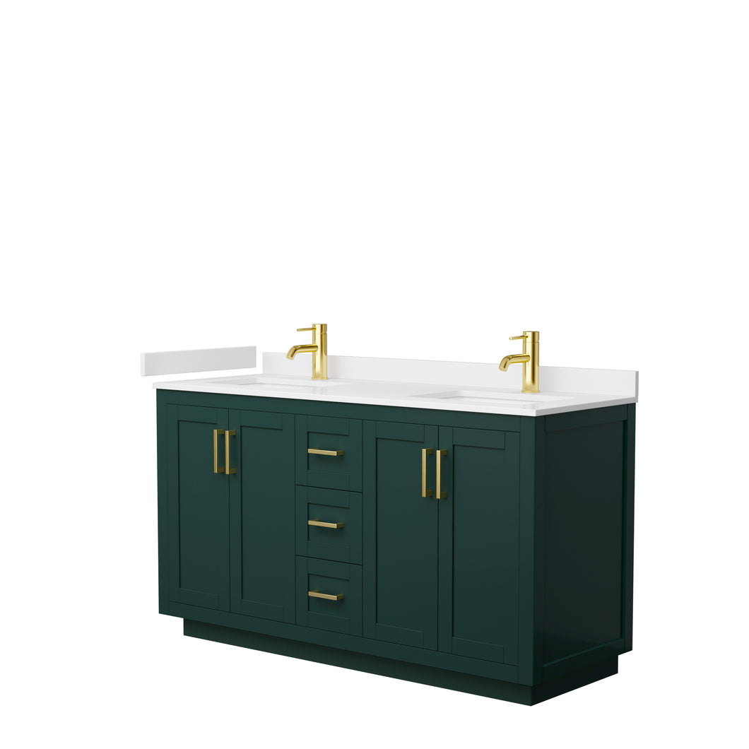Wyndham Miranda 60 Inch Double Bathroom Vanity in Green, White Cultured Marble Countertop, Undermount Square Sinks, Brushed Gold Trim- Wyndham