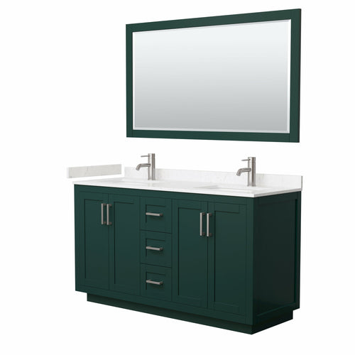 Wyndham Miranda 60 Inch Double Bathroom Vanity in Green, Light-Vein Carrara Cultured Marble Countertop, Undermount Square Sinks, Brushed Nickel Trim, 58 Inch Mirror- Wyndham