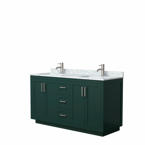 Wyndham Miranda 60 Inch Double Bathroom Vanity in Green, White Carrara Marble Countertop, Undermount Square Sinks, Brushed Nickel Trim- Wyndham