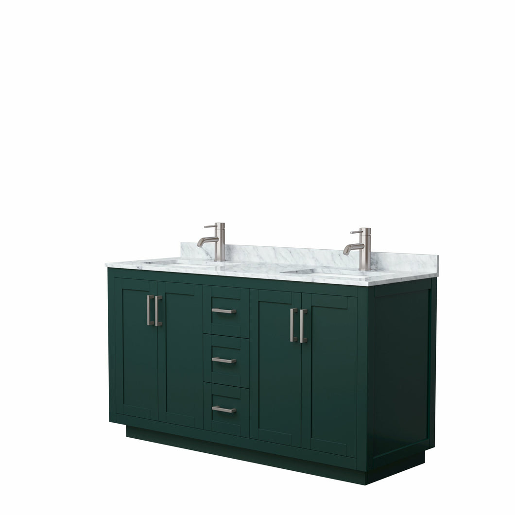 Wyndham Miranda 60 Inch Double Bathroom Vanity in Green, White Carrara Marble Countertop, Undermount Square Sinks, Brushed Nickel Trim- Wyndham