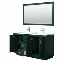 Load image into Gallery viewer, Wyndham Miranda 60 Inch Double Bathroom Vanity in Green, 1.25 Inch Thick Matte White Solid Surface Countertop, Integrated Sinks, Brushed Nickel Trim, 58 Inch Mirror- Wyndham