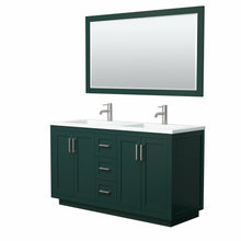 Load image into Gallery viewer, Wyndham Miranda 60 Inch Double Bathroom Vanity in Green, 1.25 Inch Thick Matte White Solid Surface Countertop, Integrated Sinks, Brushed Nickel Trim, 58 Inch Mirror- Wyndham