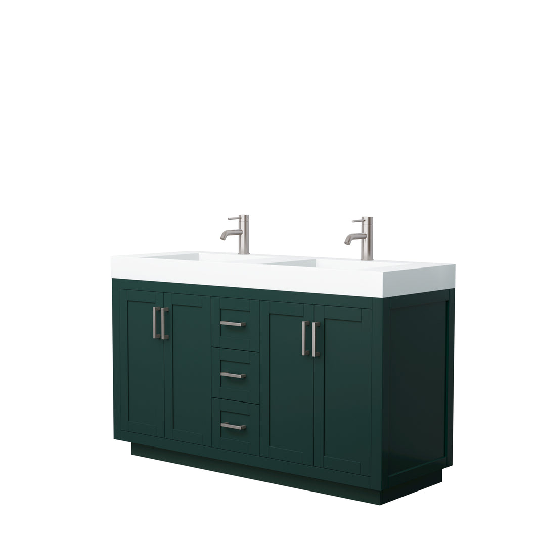 Wyndham Miranda 60 Inch Double Bathroom Vanity in Green, 4 Inch Thick Matte White Solid Surface Countertop, Integrated Sinks, Brushed Nickel Trim- Wyndham
