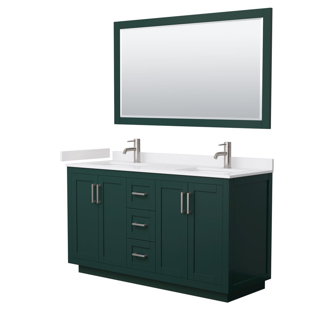 Wyndham Miranda 60 Inch Double Bathroom Vanity in Green, White Cultured Marble Countertop, Undermount Square Sinks, Brushed Nickel Trim, 58 Inch Mirror- Wyndham