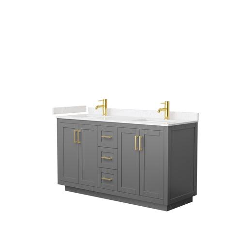 Wyndham Miranda 60 Inch Double Bathroom Vanity in Dark Gray, Light-Vein Carrara Cultured Marble Countertop, Undermount Square Sinks, Brushed Gold Trim- Wyndham