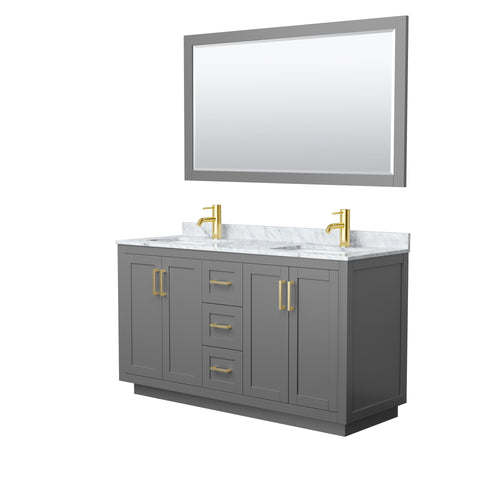 Wyndham Miranda 60 Inch Double Bathroom Vanity in Dark Gray, White Carrara Marble Countertop, Undermount Square Sinks, Brushed Gold Trim, 58 Inch Mirror- Wyndham
