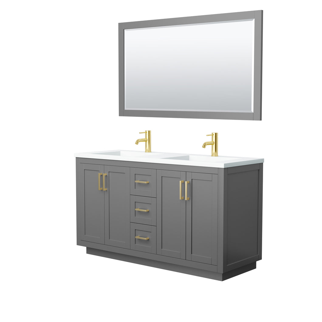 Wyndham Miranda 60 Inch Double Bathroom Vanity in Dark Gray, 1.25 Inch Thick Matte White Solid Surface Countertop, Integrated Sinks, Brushed Gold Trim, 58 Inch Mirror- Wyndham