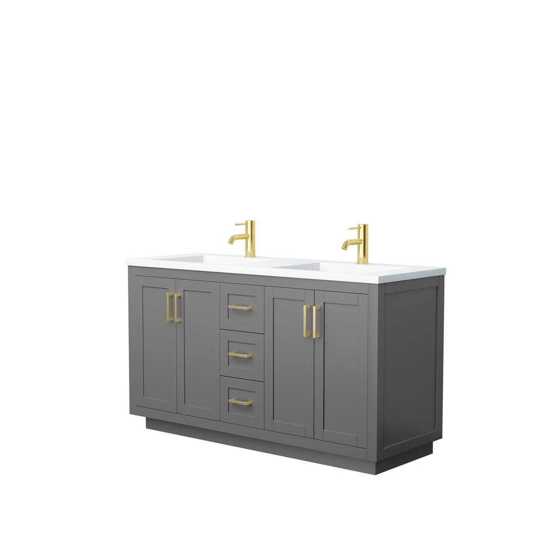 Wyndham Miranda 60 Inch Double Bathroom Vanity in Dark Gray, 1.25 Inch Thick Matte White Solid Surface Countertop, Integrated Sinks, Brushed Gold Trim- Wyndham