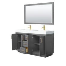 Load image into Gallery viewer, Wyndham Miranda 60 Inch Double Bathroom Vanity in Dark Gray, 4 Inch Thick Matte White Solid Surface Countertop, Integrated Sinks, Brushed Gold Trim, 58 Inch Mirror- Wyndham