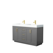 Load image into Gallery viewer, Wyndham Miranda 60 Inch Double Bathroom Vanity in Dark Gray, 4 Inch Thick Matte White Solid Surface Countertop, Integrated Sinks, Brushed Gold Trim- Wyndham