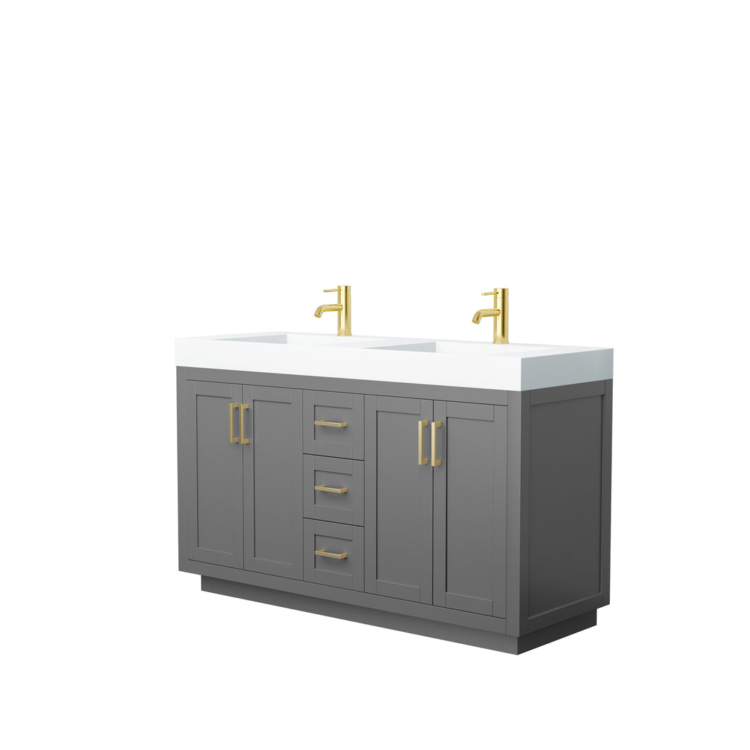 Wyndham Miranda 60 Inch Double Bathroom Vanity in Dark Gray, 4 Inch Thick Matte White Solid Surface Countertop, Integrated Sinks, Brushed Gold Trim- Wyndham