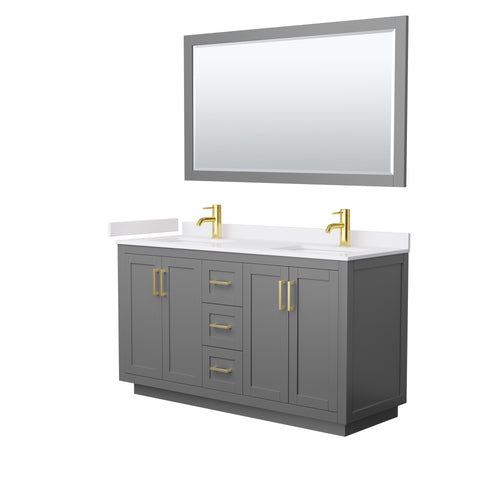 Wyndham Miranda 60 Inch Double Bathroom Vanity in Dark Gray, White Cultured Marble Countertop, Undermount Square Sinks, Brushed Gold Trim, 58 Inch Mirror- Wyndham