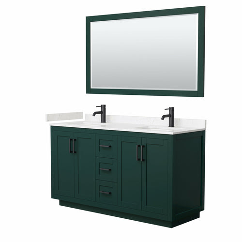 Wyndham Miranda 60 Inch Double Bathroom Vanity in Green, Light-Vein Carrara Cultured Marble Countertop, Undermount Square Sinks, Matte Black Trim, 58 Inch Mirror- Wyndham