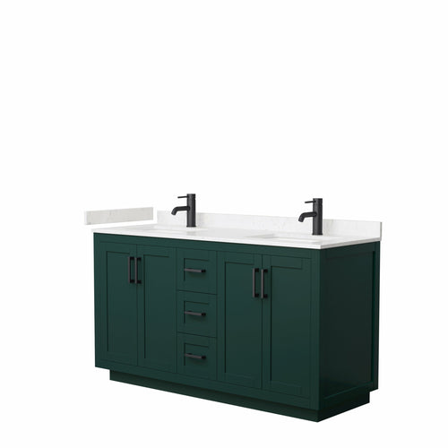 Wyndham Miranda 60 Inch Double Bathroom Vanity in Green, Light-Vein Carrara Cultured Marble Countertop, Undermount Square Sinks, Matte Black Trim- Wyndham