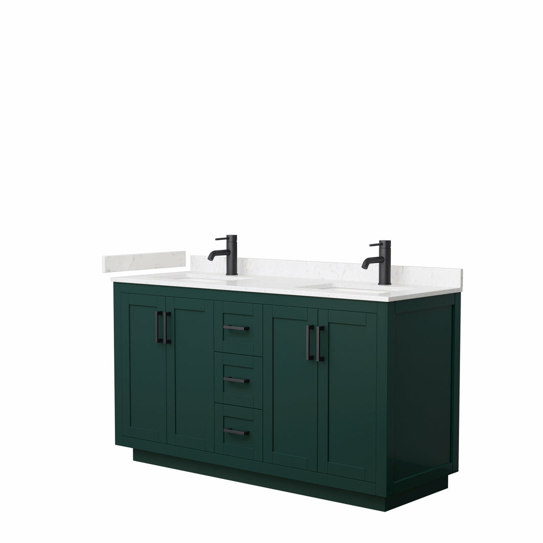 Wyndham Miranda 60 Inch Double Bathroom Vanity in Green, Light-Vein Carrara Cultured Marble Countertop, Undermount Square Sinks, Matte Black Trim- Wyndham