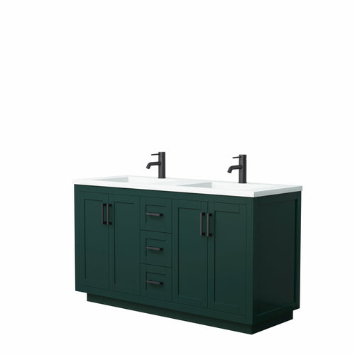 Wyndham Miranda 60 Inch Double Bathroom Vanity in Green, 1.25 Inch Thick Matte White Solid Surface Countertop, Integrated Sinks, Matte Black Trim- Wyndham