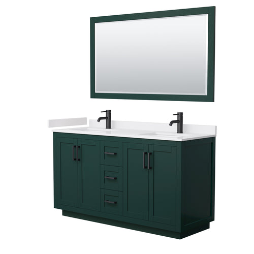 Wyndham Miranda 60 Inch Double Bathroom Vanity in Green, White Cultured Marble Countertop, Undermount Square Sinks, Matte Black Trim, 58 Inch Mirror- Wyndham