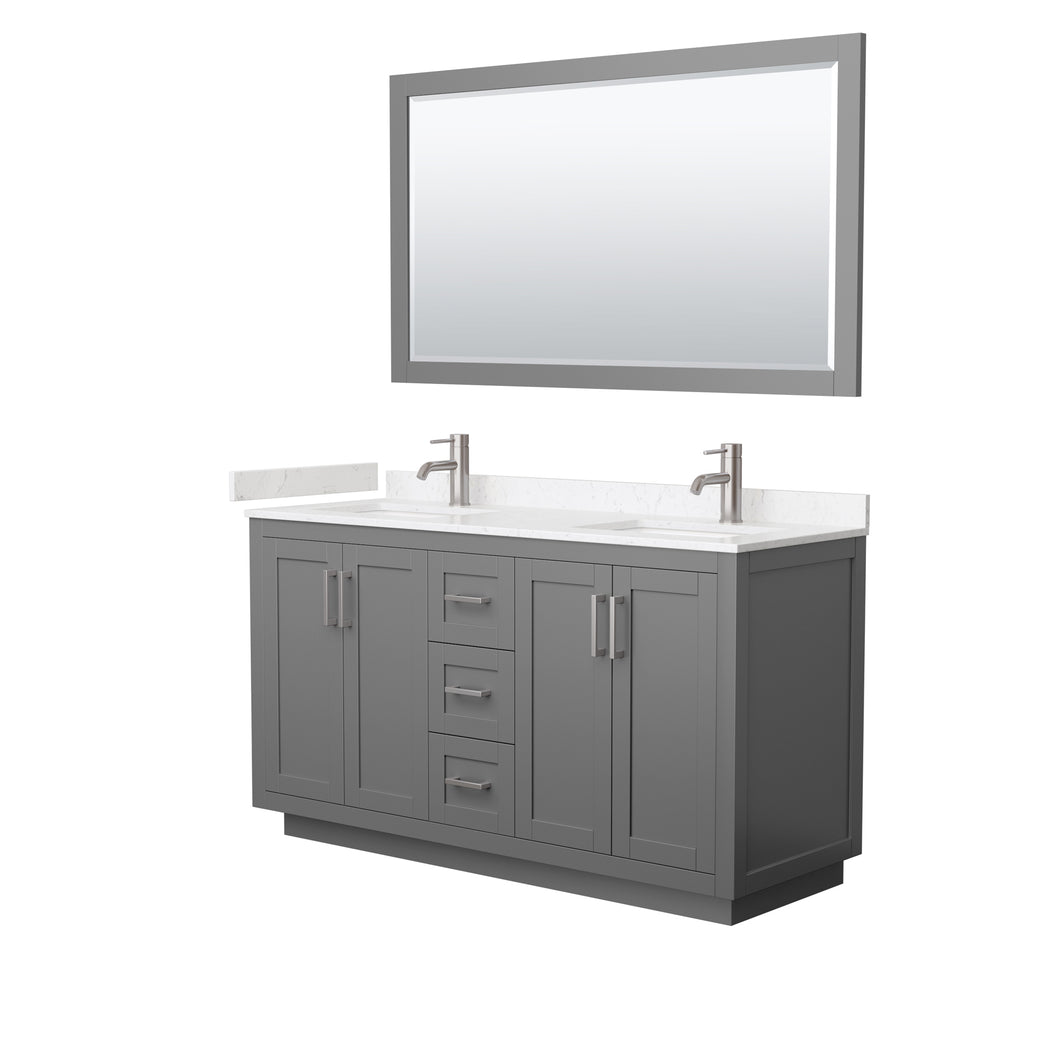 Wyndham Miranda 60 Inch Double Bathroom Vanity in Dark Gray, Light-Vein Carrara Cultured Marble Countertop, Undermount Square Sinks, Brushed Nickel Trim, 58 Inch Mirror- Wyndham