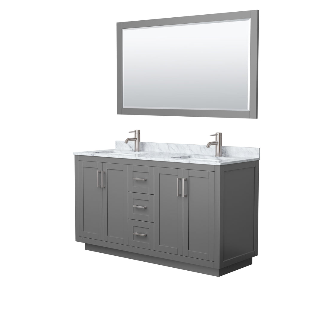 Wyndham Miranda 60 Inch Double Bathroom Vanity in Dark Gray, White Carrara Marble Countertop, Undermount Square Sinks, Brushed Nickel Trim, 58 Inch Mirror- Wyndham