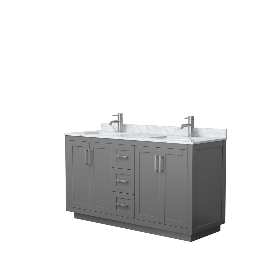 Wyndham Miranda 60 Inch Double Bathroom Vanity in Dark Gray, White Carrara Marble Countertop, Undermount Square Sinks, Brushed Nickel Trim- Wyndham