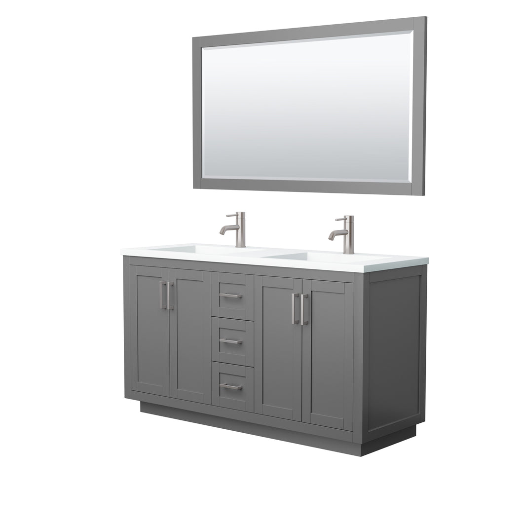 Wyndham Miranda 60 Inch Double Bathroom Vanity in Dark Gray, 1.25 Inch Thick Matte White Solid Surface Countertop, Integrated Sinks, Brushed Nickel Trim, 58 Inch Mirror- Wyndham